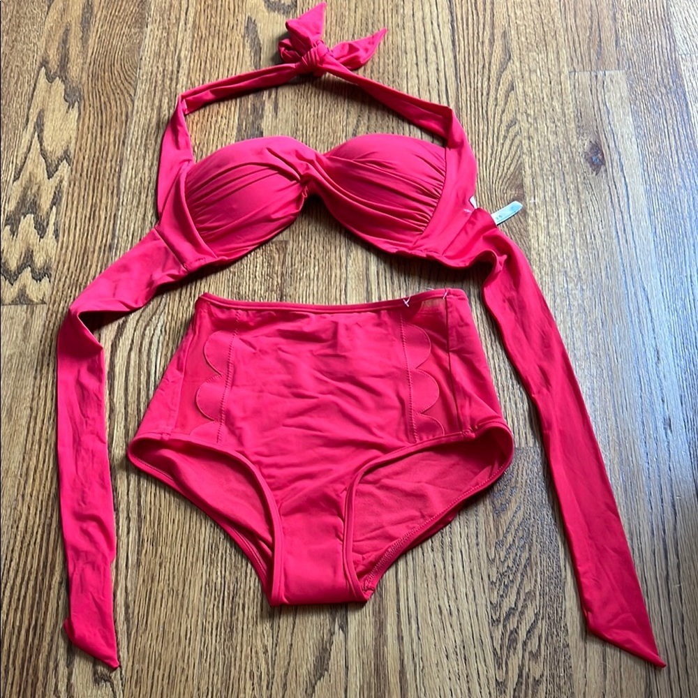 NWT SEAFOLLY Red Bikini Set Halter Bandeau High waisted Bottom